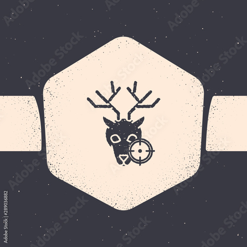 Grunge Hunt on deer with crosshairs icon isolated on grey background. Hunting club logo with deer and target. Rifle lens aiming a deer. Monochrome vintage drawing. Vector Illustration