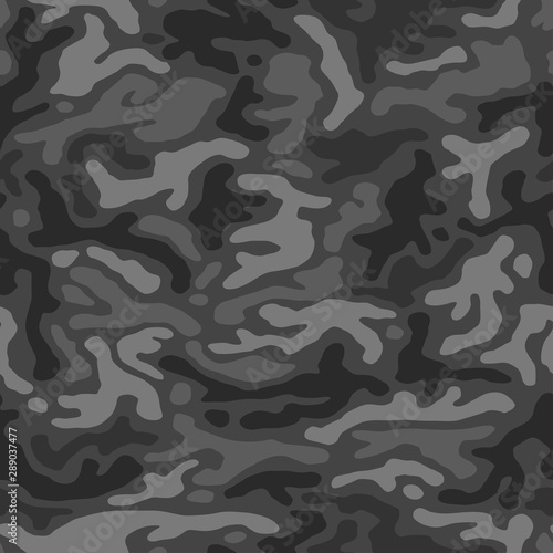 Camouflage pattern background seamless vector illustration. Classic clothing style masking camo repeat print. Dark grey and black color.