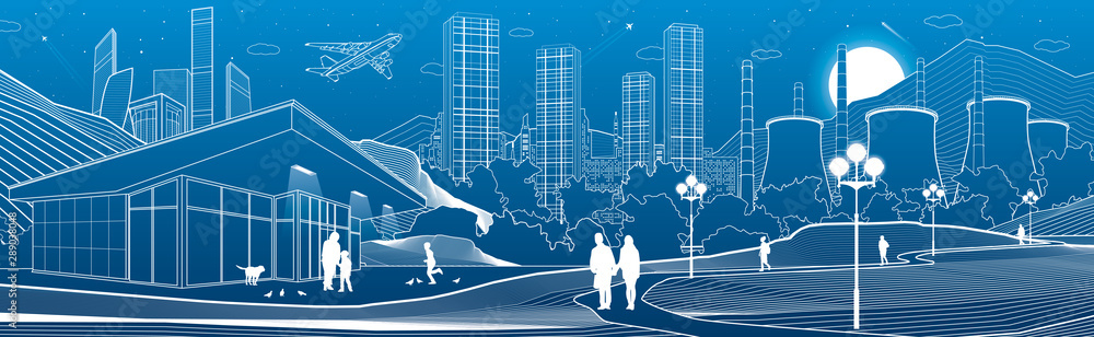 Outline industry and city illustration panorama. Evening town urban scene. People walking at garden. Night shop. Power Plant in mountains. White lines on blue background. Vector design art - obrazy, fototapety, plakaty 