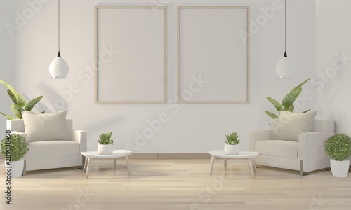 Mock up poster frame in white living room with white sofa and decoration plants on floor wooden.3D rendering