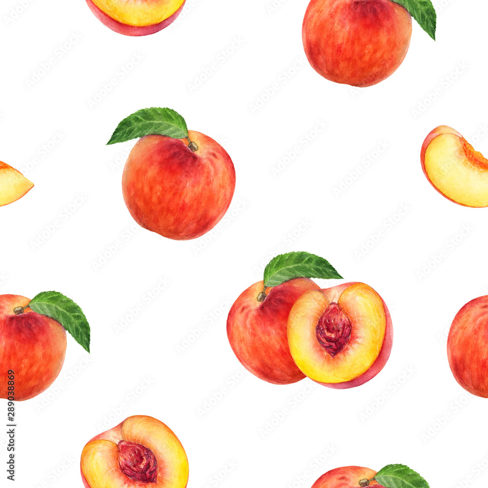 Peach hand drawn watercolor illustration. Seamless pattern. Peach hand drawn watercolor illustration. Seamless pattern.