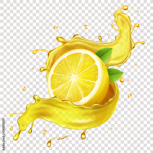 Half of a lemon, juicy slice of fruit in realistic juice splash 3d illustration