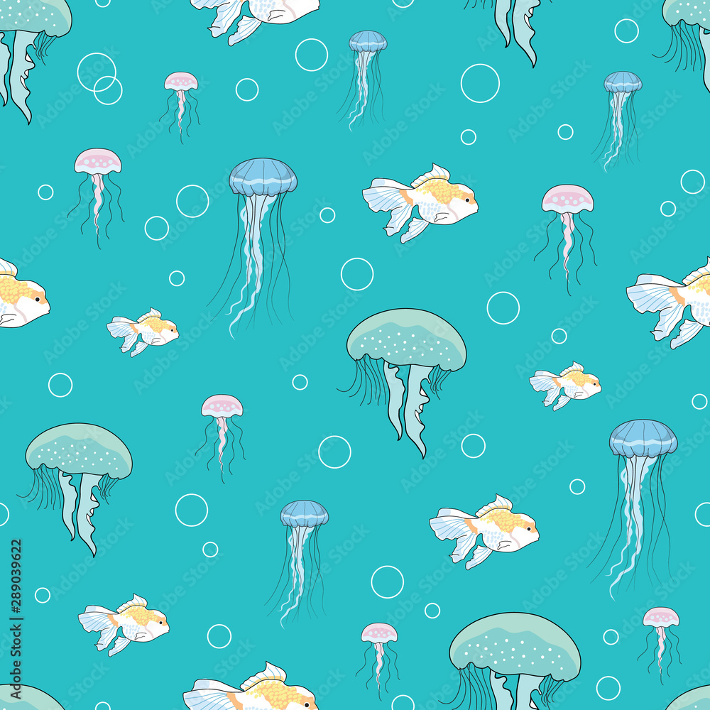 Jellyfish, bubbles and fish, seamless pattern Jellyfish, bubbles and fish, seamless pattern