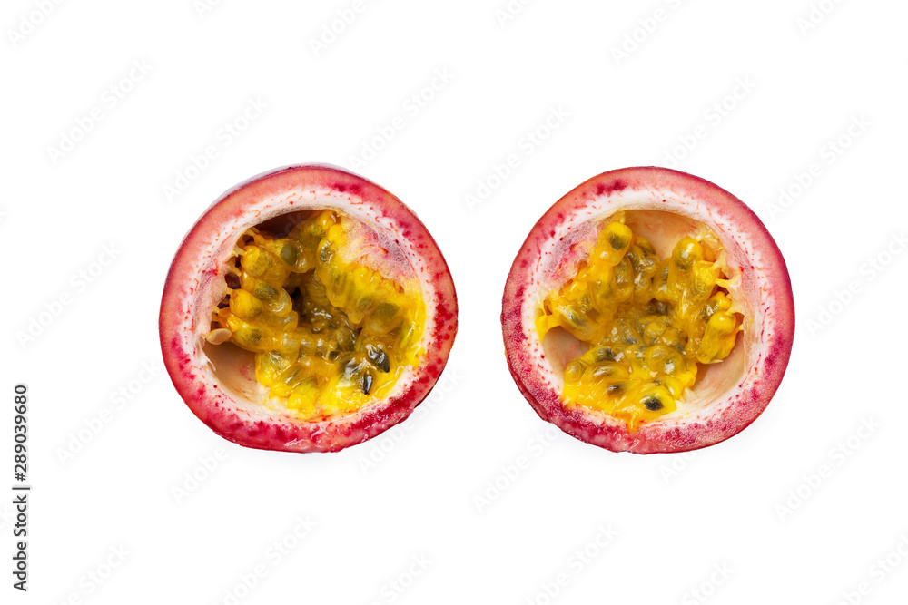 Macro image of two passion fruit sliced halfs isolated at white background. Macro image of two passion fruit sliced halfs isolated at white background.