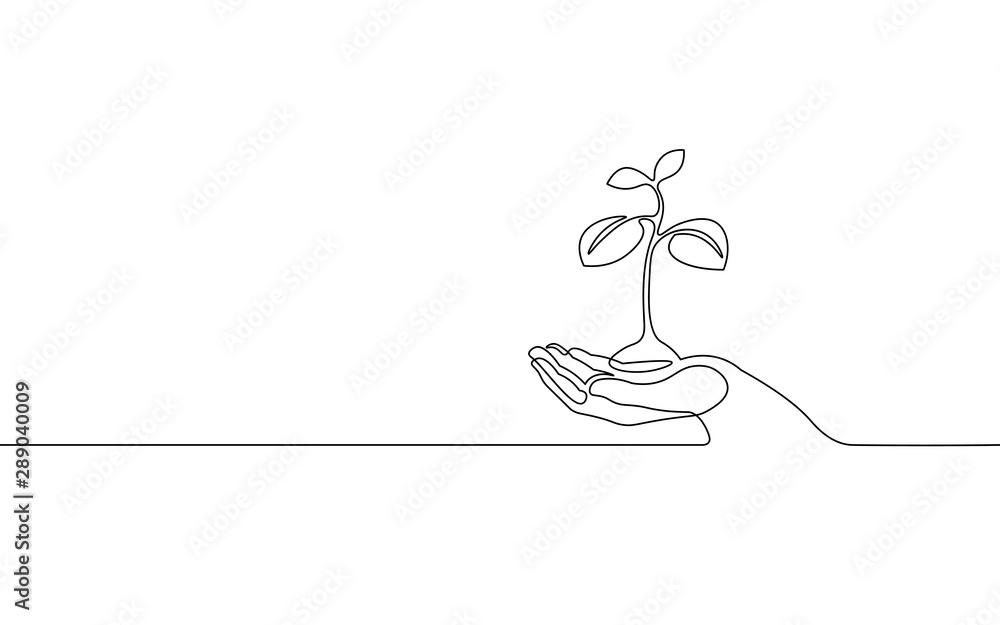 Single continuous line art growing sprout. Plant leaves seed grow soil seedling eco natural farm concept design one sketch outline drawing vector illustration - obrazy, fototapety, plakaty 