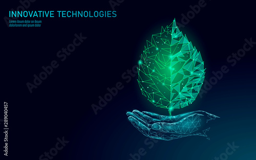 Hand holding green plant leaf ecological abstract concept. Save planet nature environment banner. Eco polygon triangles low poly vector illustration