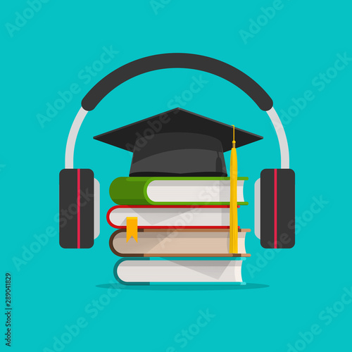 Electronic audio learning or studying online vector illustration, flat cartoon headphones and books stack and graduation hat, idea of podcast study or electronic learning, listening education courses
