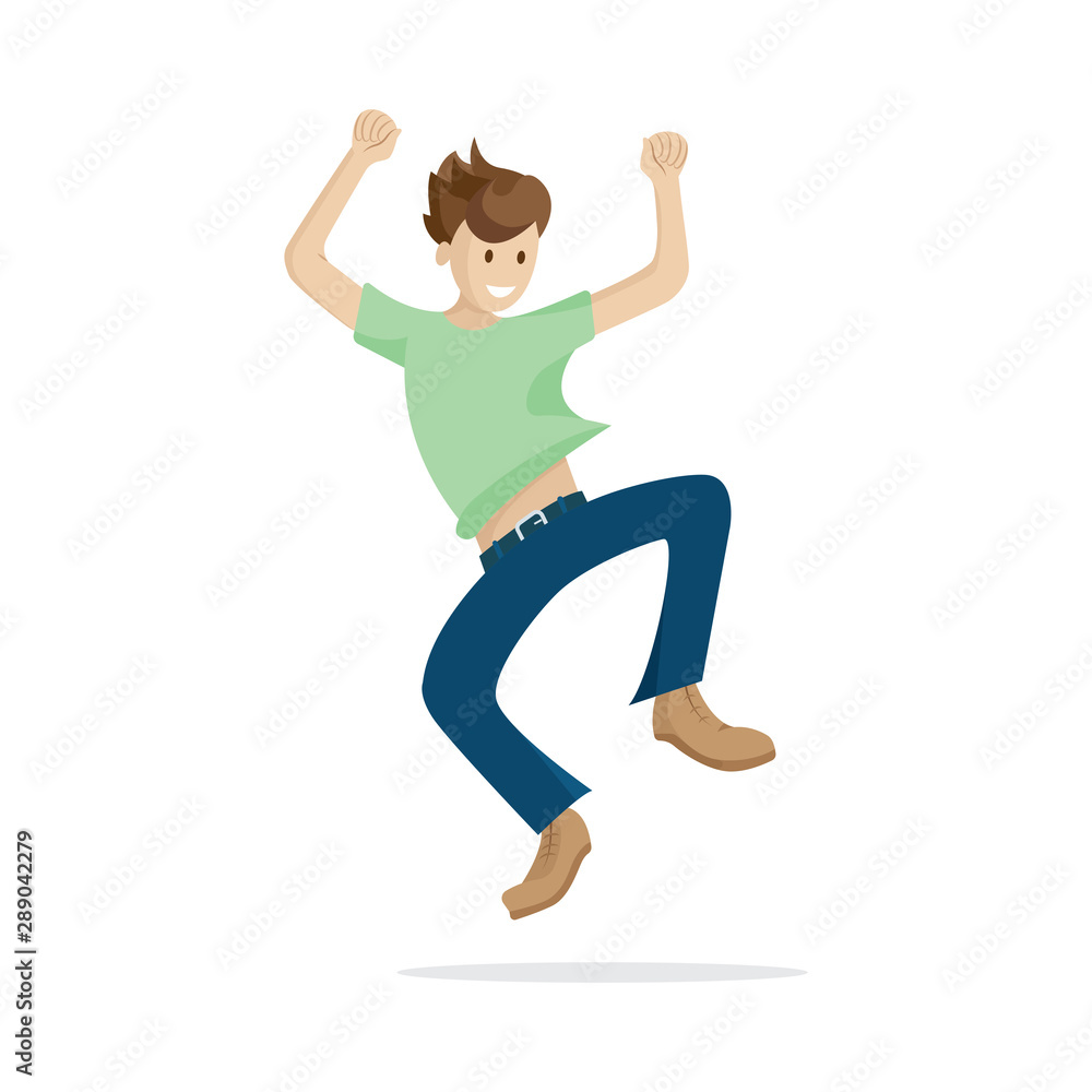 Happy man concept. Jumping male character. Flat style vector illustration. Jumping character isolated on white background. Part of set. Happy man concept. Jumping male character. Flat style vector illustration. Jumping character isolated on white background. Part of set.