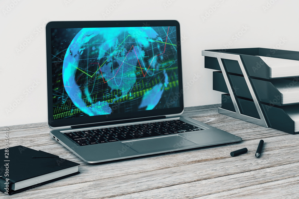 Laptop closeup with forex graph and world map on computer screen. Financial trading and education concept. 3d rendering. Laptop closeup with forex graph and world map on computer screen. Financial trading and education concept. 3d rendering.