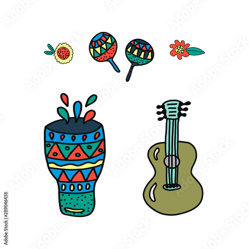 festival icons guitar drum maracas and flowers. vector illustration . Doodle