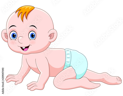 Cute cartoon baby crawling and smiling isolated on white background