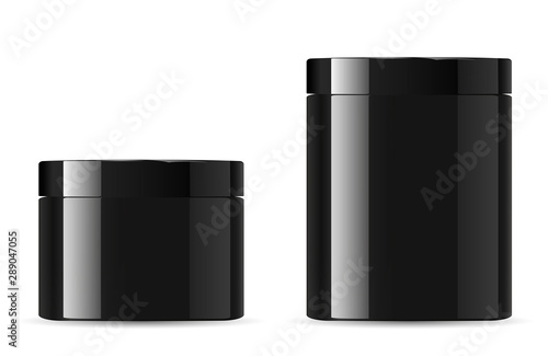 Black cosmetic cream jar mockup. Glossy Packaging. Modern plastic bottle with glioss for face lotion, powder. 3d glass blank. Beauty wax clean premium box for advertising. Charcoal mask mock up