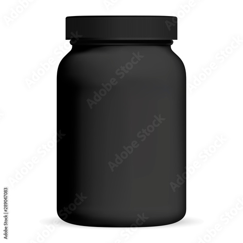 Black Medicine Bottle. Supplement packaging. Plastic cosmetic jar with cap isolated on white. Vitamin tablet container. Nutrition tube for whey protein or casein powder energy nutrition. Cylinder pack