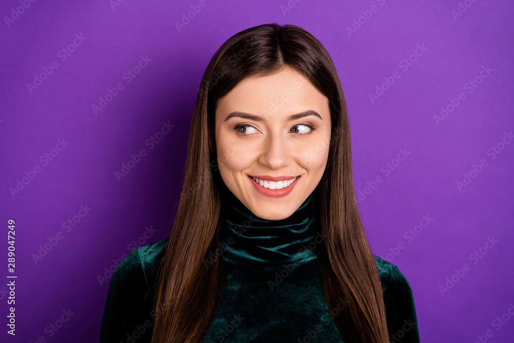 Close up photo of pretty lady smiling looking wearing black turtleneck isolated over purple violet background Close up photo of pretty lady smiling looking wearing black turtleneck isolated over purple violet background