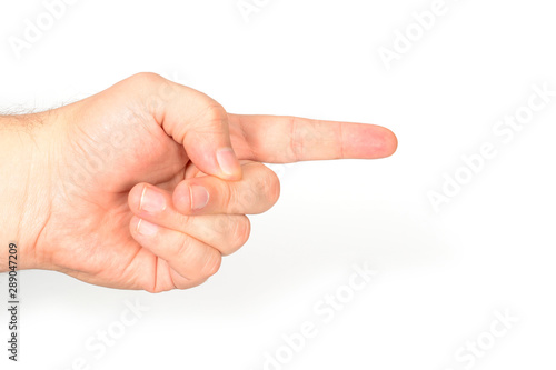 Man hand pointing to right with index finger, isolated on white background.