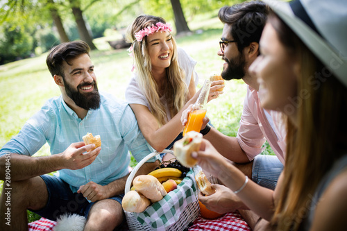 Group of friends having great time on picnic in nature