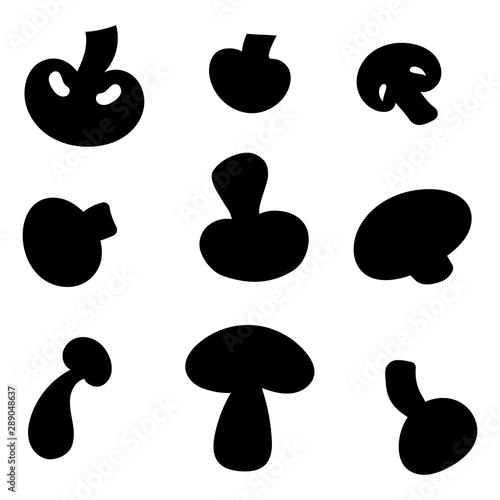 Set of vector silhouettes of edible mushrooms. Collection of black silhouettes of champignons. Stylized plants.