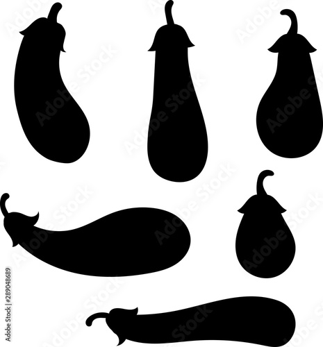 Set of vector eggplant silhouettes. Collection of black silhouettes of vegetables. Stylized plants.