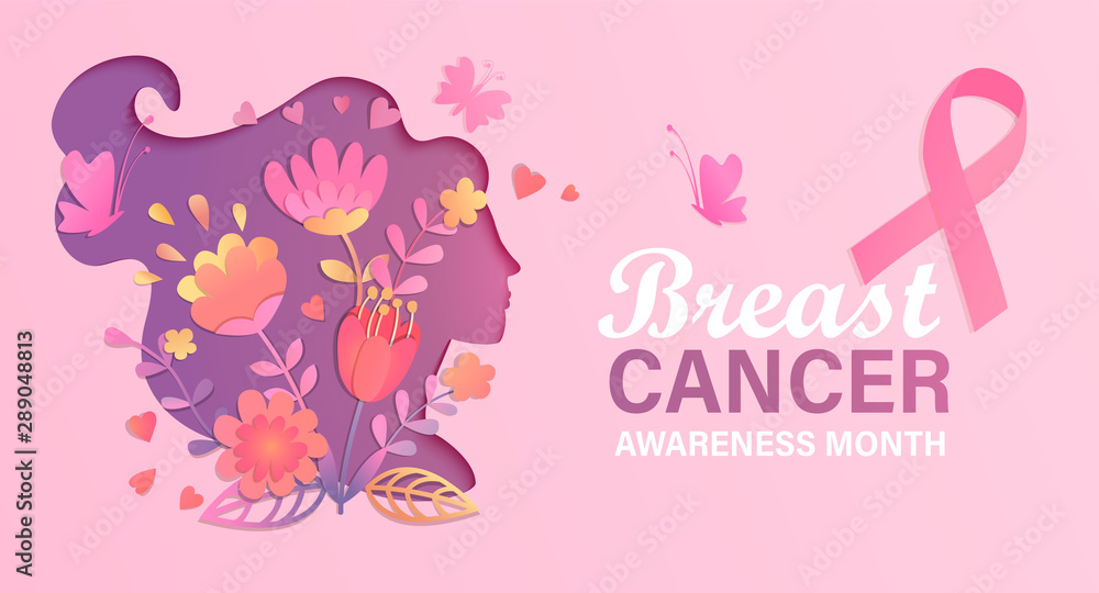 Breast cancer awareness month. World preventive health care initiative.Banner with paper cut woman face and flowers in her head,butterfly,pink ribbon, place for text.Poster, flyer.Vector illustration. - obrazy, fototapety, plakaty 