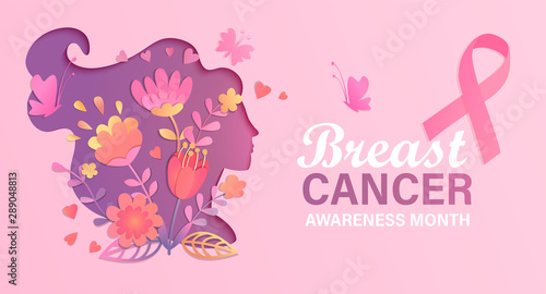 Breast cancer awareness month. World preventive health care initiative.Banner with paper cut woman face and flowers in her head,butterfly,pink ribbon, place for text.Poster, flyer.Vector illustration.