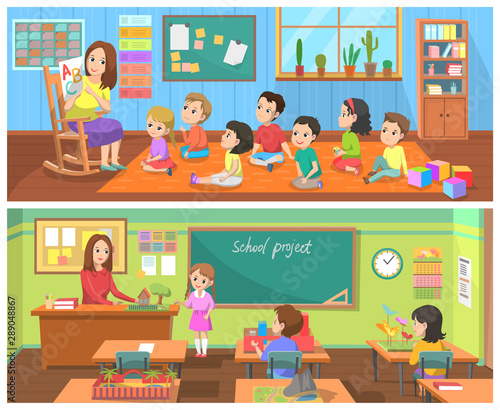 School vector, education of kids in educational institutions. Teacher estimating projects of pupils, lady teaching abc in kindergarten. Classroom interior. Back to school concept. Flat cartoon