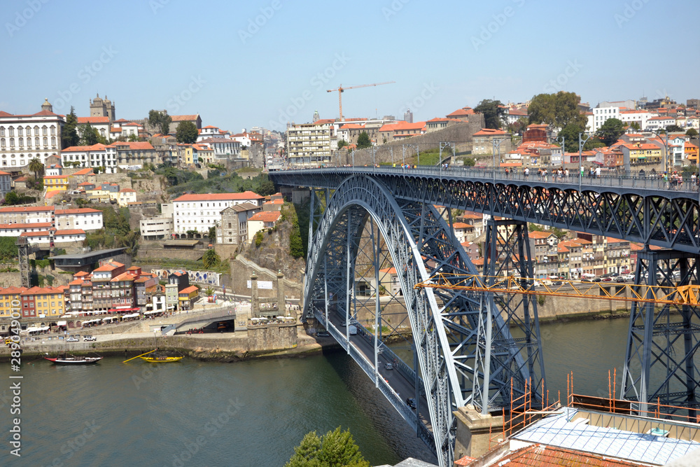 Ponte Luís I of Porto city during summer, august 2015 19th. The bridge was constructed by the engineer Théophile Seyrig between 1881 and 1886. He was a disciple of Gustave Eiffel. 
