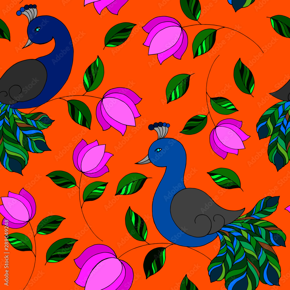 Fototapeta premium seamless pattern with plants and peacocks