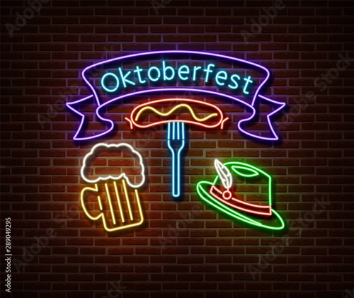 Neon Oktoberfest signs vector isolated on brick wall. Germany holiday light symbol, festival decoration effect. Neon oktoberfest illustration.