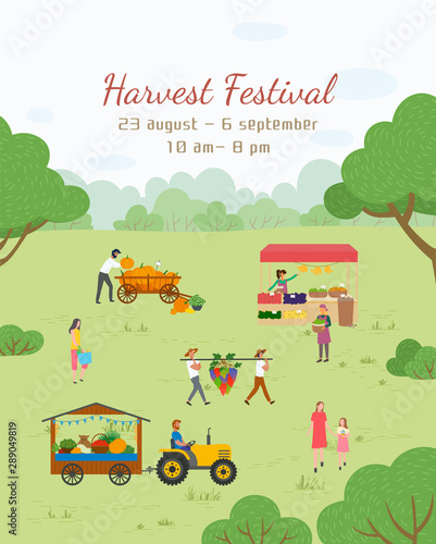 Harvest festival invitation, 23 August, 6 September, from 10 am till 8 pm. People with vegetables and fruit, fair in park, pumpkin and grape, retail. Funny spending time on harvest festival