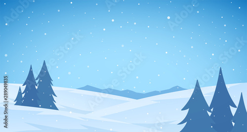 Cartoon Winter snowy Mountains flat landscape with pines and hills. Blue Christmas background