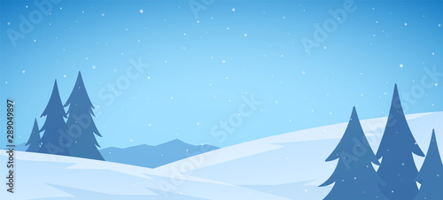 Cartoon Winter snowy Mountains flat landscape with pines and hills. Christmas background