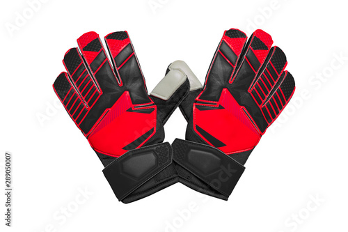 Fényképezés Red and black goalkeeper glove on white.