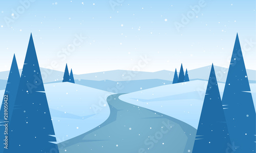 Winter flat Mountains landscape with road, pines and hills.