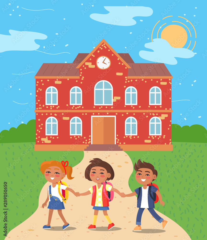 School and pupils on path vector, building exterior with clock, children returning home from lessons. Schoolgirl and schoolboy smiling holding hands. Back to school concept. Flat cartoon