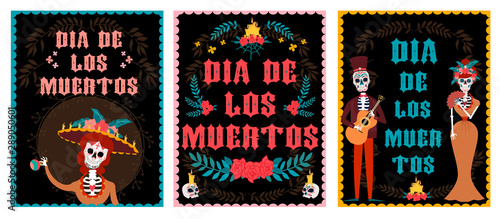 Day of the dead festival posters set with skeleton. Mexican traditional holiday. Mexican wording translation: "Day of the dead". Editable vector illustration.