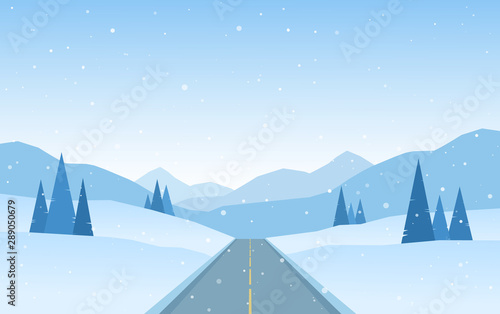 Winter flat snowy Mountains landscape with road, pines and hills.