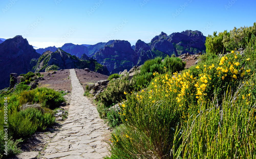 Wide angle shot of Mountain peaks against blue sky with a narrow passage along a ridge with high cliffs both sides. Pico do Areeiro to Pico Ruivo hiking trail, Madeira, Portugal, Europe Wide angle shot of Mountain peaks against blue sky with a narrow passage along a ridge with high cliffs both sides. Pico do Areeiro to Pico Ruivo hiking trail, Madeira, Portugal, Europe