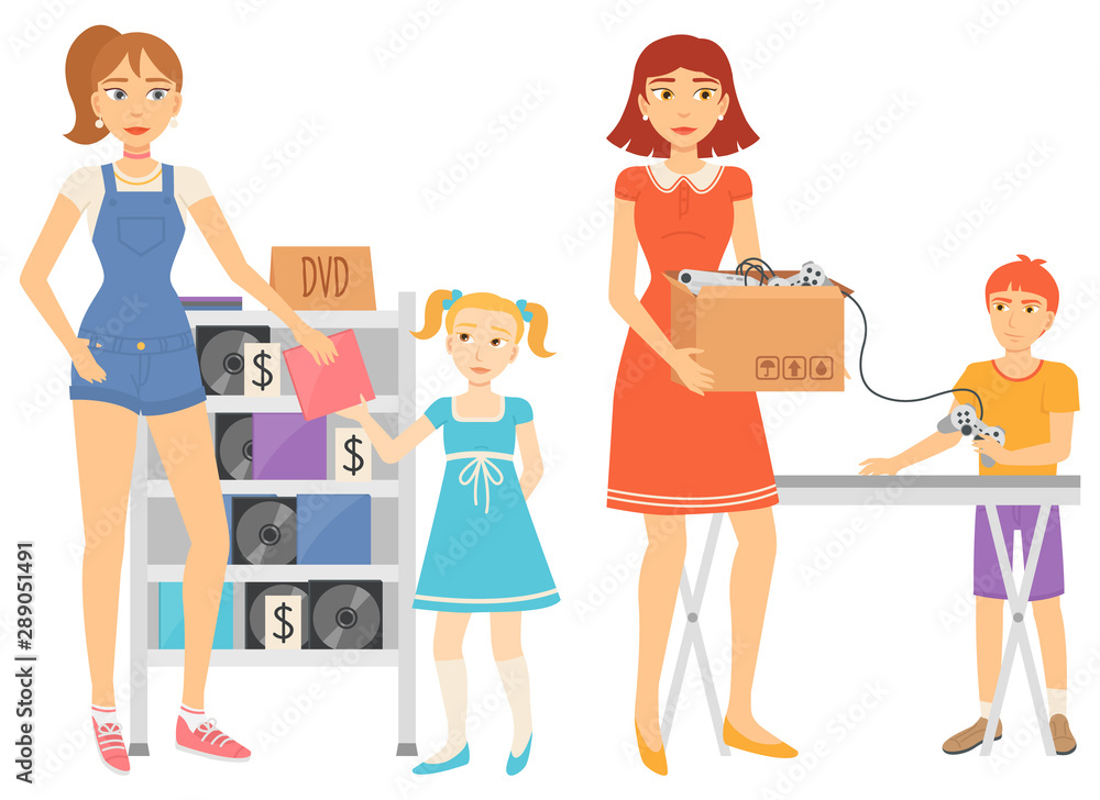 Woman selling used things vector, isolated garage sale characters. Lady with kids, boy buying joysticks, girl holding disk with music and films second hand. Event for sale used goods. Flat cartoon Woman selling used things vector, isolated garage sale characters. Lady with kids, boy buying joysticks, girl holding disk with music and films second hand. Event for sale used goods. Flat cartoon