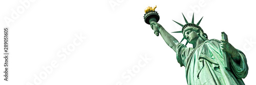 Statue of Liberty in New York, isolated on white  panoramic background with copy space