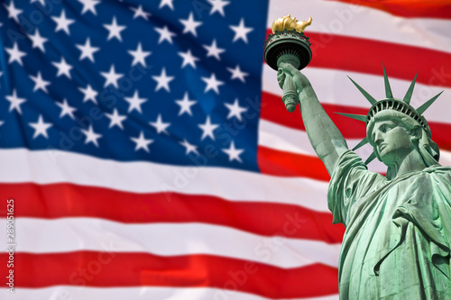 Statue of Liberty, USA flag background