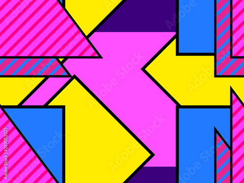 Memphis seamless pattern with geometric shapes and black stroke. Bauhaus style elements. Colorful background for promotional items, wrapping paper and typography. Vector illustration