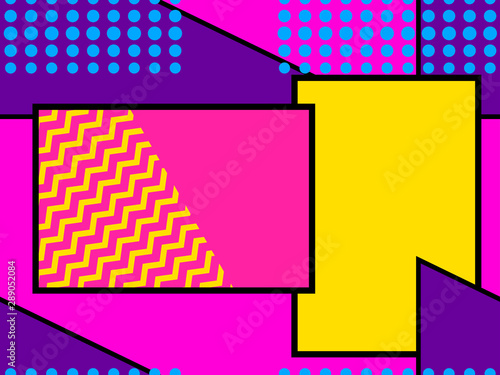 Memphis seamless pattern with geometric shapes and black stroke. Bauhaus style elements. Colorful background for promotional items, wrapping paper and typography. Vector illustration