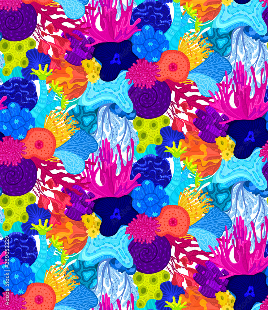 Vector seamless pattern with corals. Background with colorful sea or ocean life. Underwater world. Design for attributes of water park, aquarium. Wrapping paper, package, wallpaper, textile, label