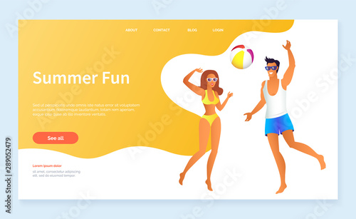 Summer fun activities on beach vector, man and woman playing active games. Couple with ball jumping and running characters on spring vacations. Website or webpage template, landing page flat style