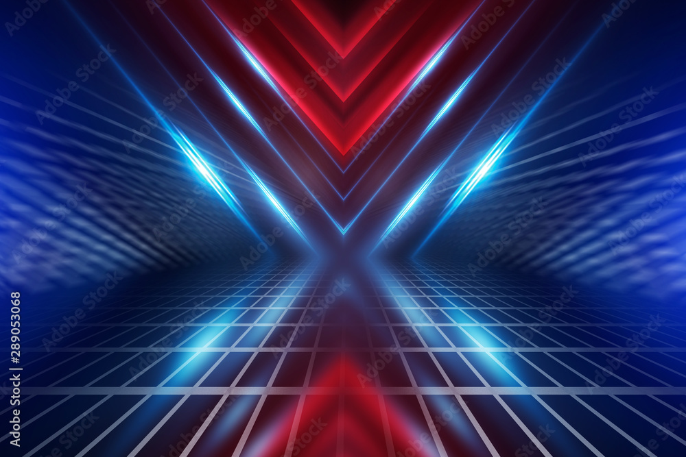 Fototapeta premium Empty background scene. Dark street reflection on wet asphalt. Rays of neon light in the dark, neon shapes, smoke. Background of an empty stage show. Abstract dark background. 3d illustration