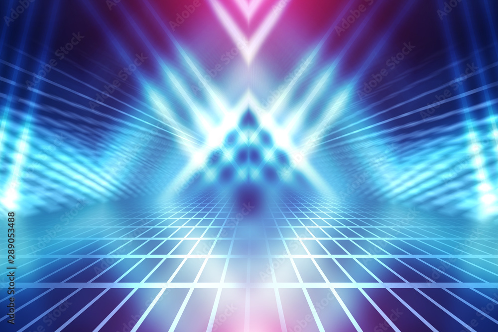 Empty background scene. Dark street reflection on wet asphalt. Rays of neon light in the dark, neon shapes, smoke. Background of an empty stage show. Abstract dark background. 3d illustration