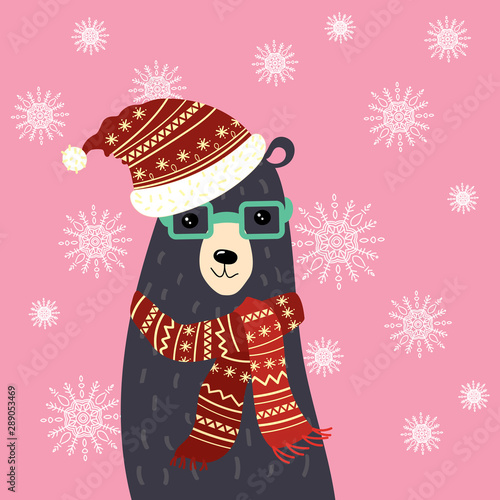 Christmas illustration of a bear in a hat and scarf. Grizzly bear in the snow. Picture for the postcard. Illustration for children. New Year.