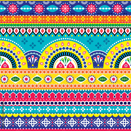 Pakistani or Indian vectopr seamless design inspired by truck art, vibrant pattern with geometric shapes and flowers
