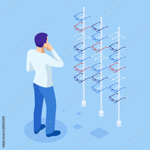 Isometric showcase with glasses in modern optic store. A man chooses glasses to improve vision in a store. Medical health equipment. Check eyesight for eyeglasses diopter.
