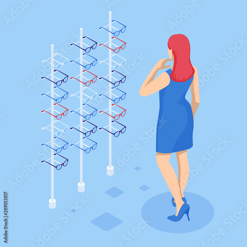 Isometric showcase with glasses in modern optic store. A woman chooses glasses to improve vision in a store. Medical health equipment. Check eyesight for eyeglasses diopter.